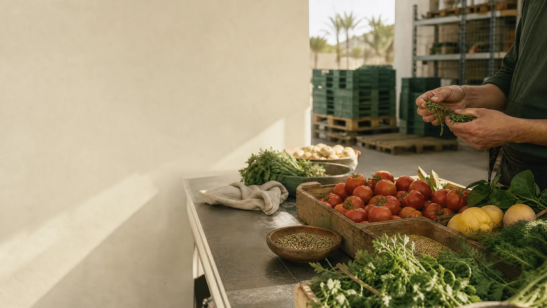 Editorial concept showing food, culinary work, and logistics infrastructure